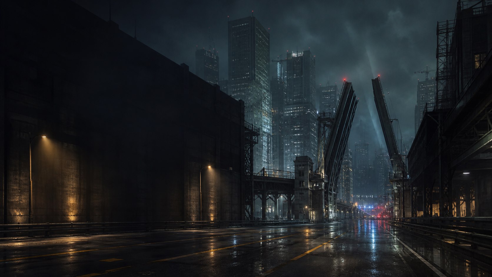 Original illustration of a rain-soaked Liberty City-inspired street and raised bridge