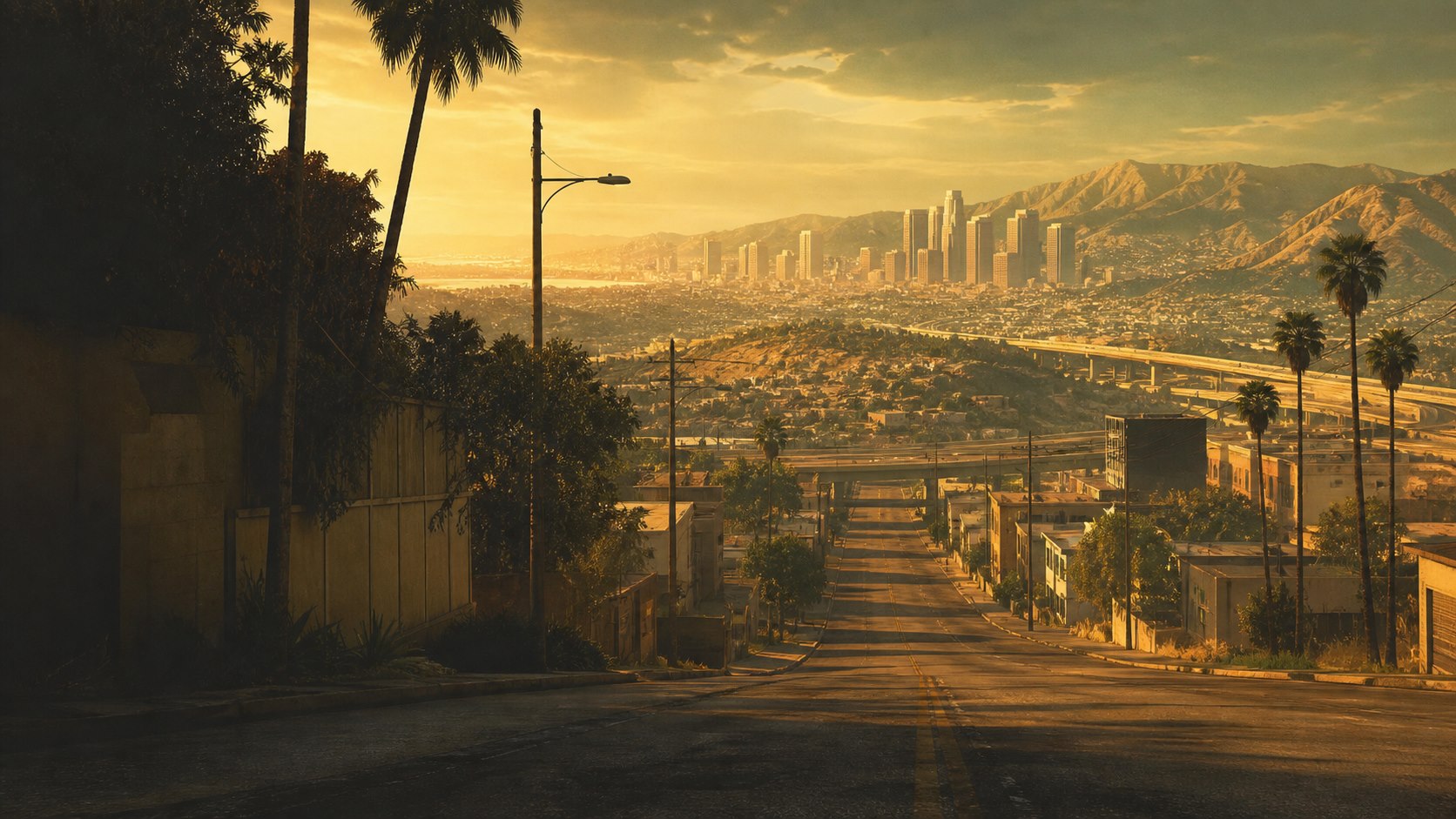 Original illustration of a golden-hour West Coast city expanding toward mountains
