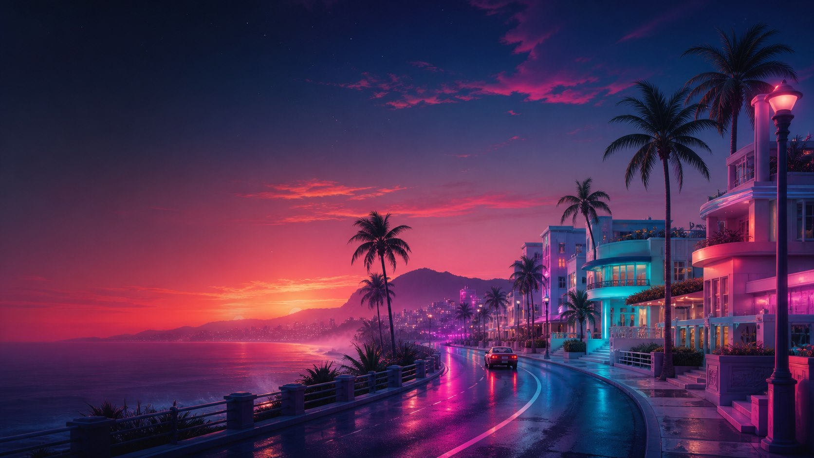 Original illustration of a neon tropical boulevard at sunset